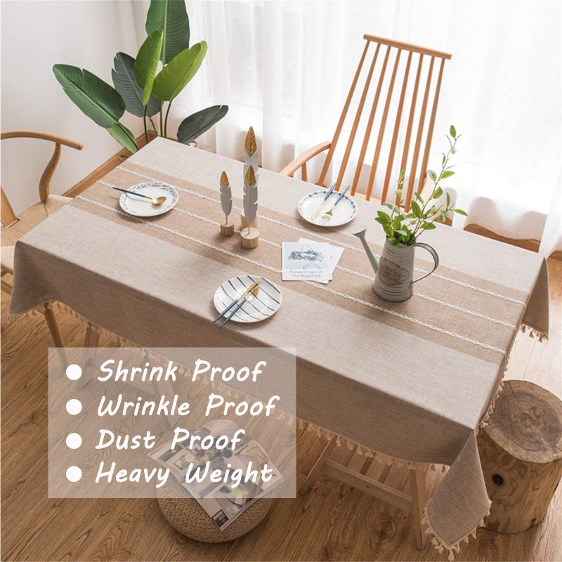 Dimatic Heavy Weight Cotton Linen Tablecloth - Round 60 Inch Tablecloth - Tassel Stitching Table Cover for Kitchen Dining Room Tabletop Decoration - Beige - Image 2